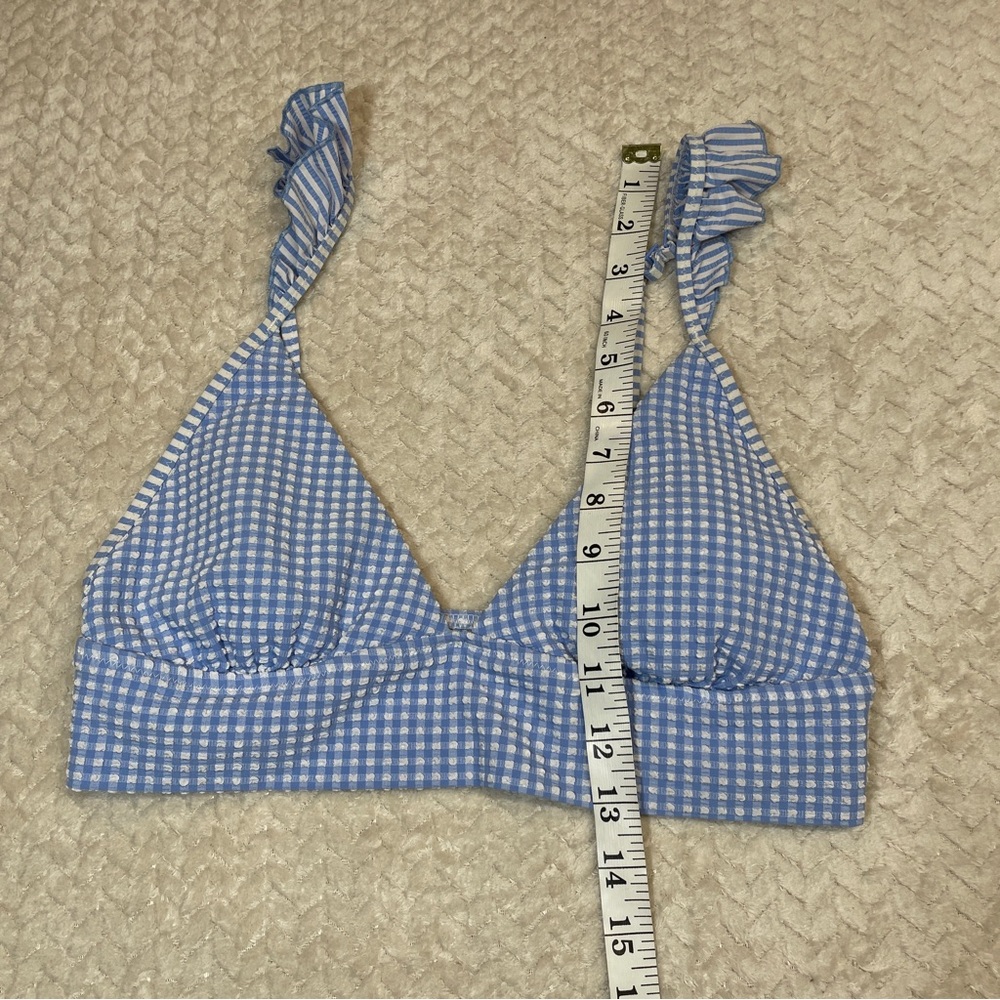 Aerie Pale Blue Gingham Triangle Bikini Top Ruffle Sleeves Women Size Medium - Picture 5 of 7